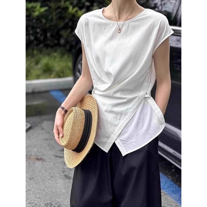 Sleeveless irregular crossed diagonal buckle vest old money style shirt