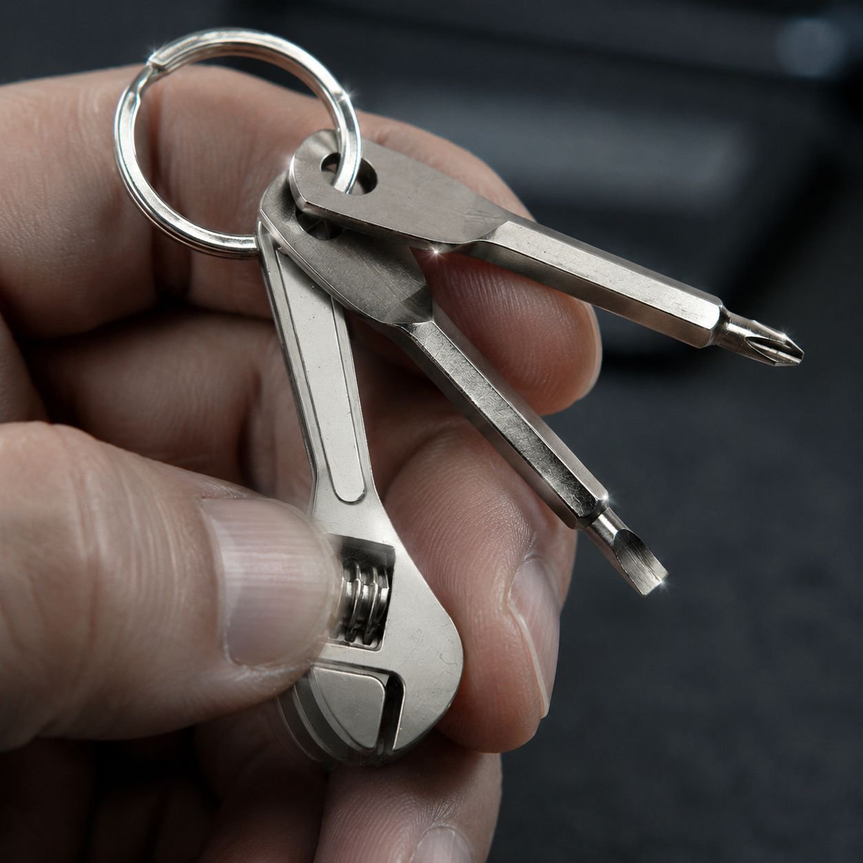 Multifunctional wrench keychain bottle opener metal pendant close-up
