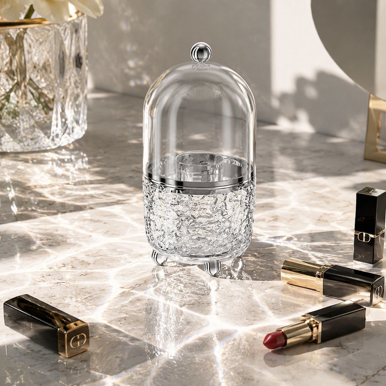Transparent light luxury desktop cosmetic organizer with rotating bucket