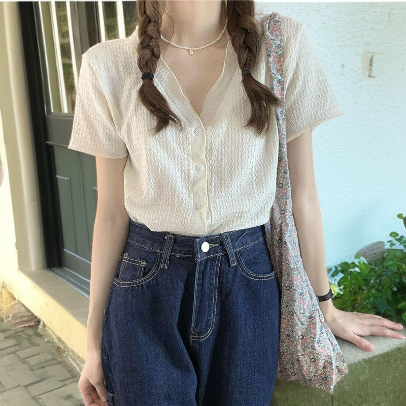 韓国スタイルVネック半袖トップス＆スリムショートパンツ女性用セット