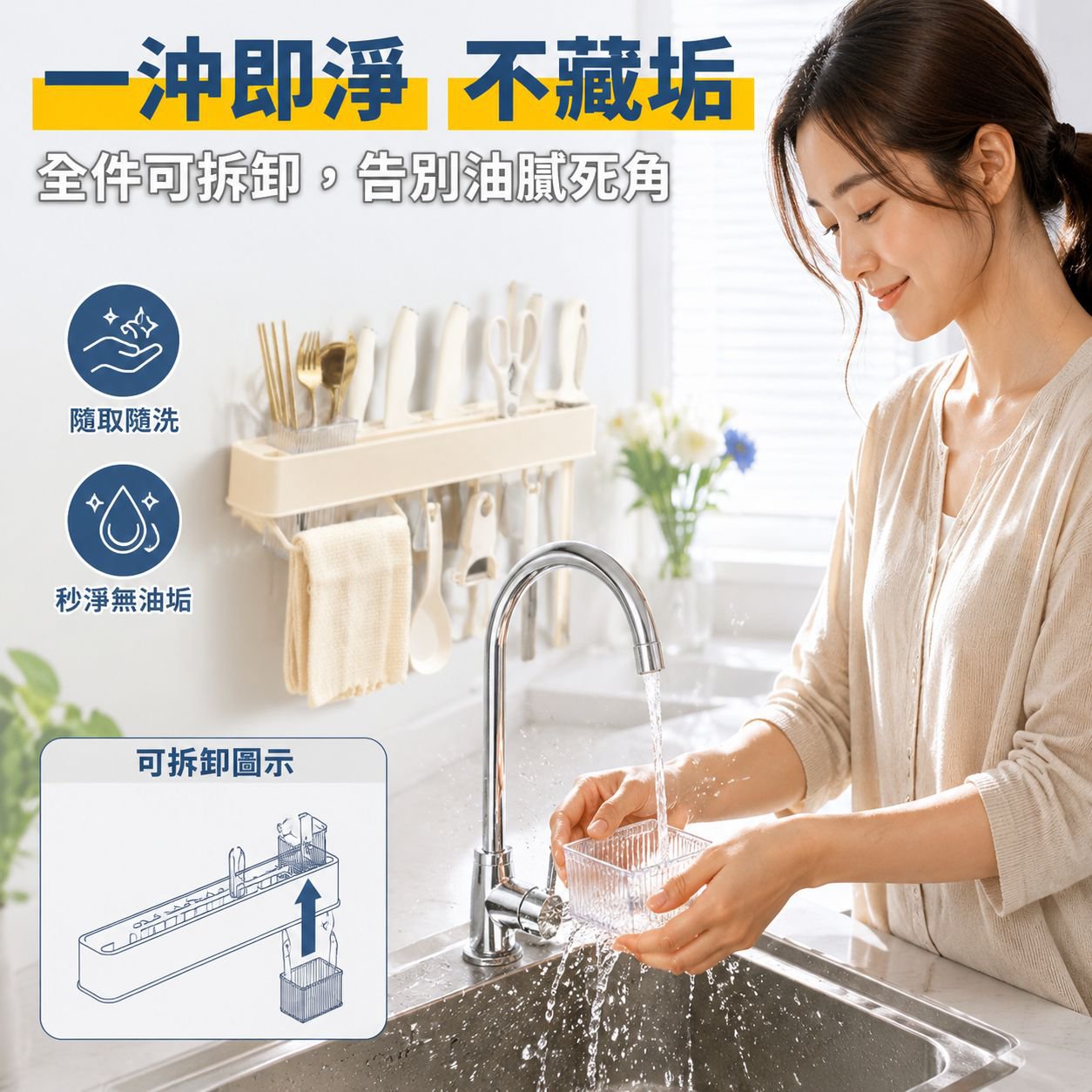 高顏值奶油色廚房壁掛刀架 多功能收納置物架