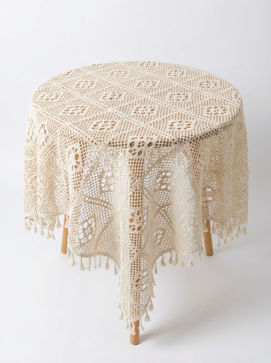 Tischdecke aus durchbrochener Häkelspitze auf Holztisch