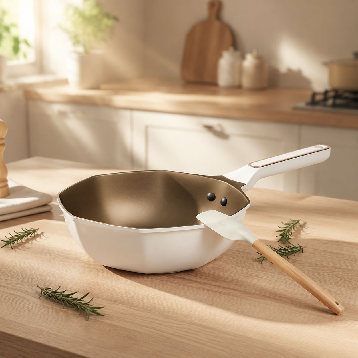 Modern kitchen setup featuring the spill-proof frying pan