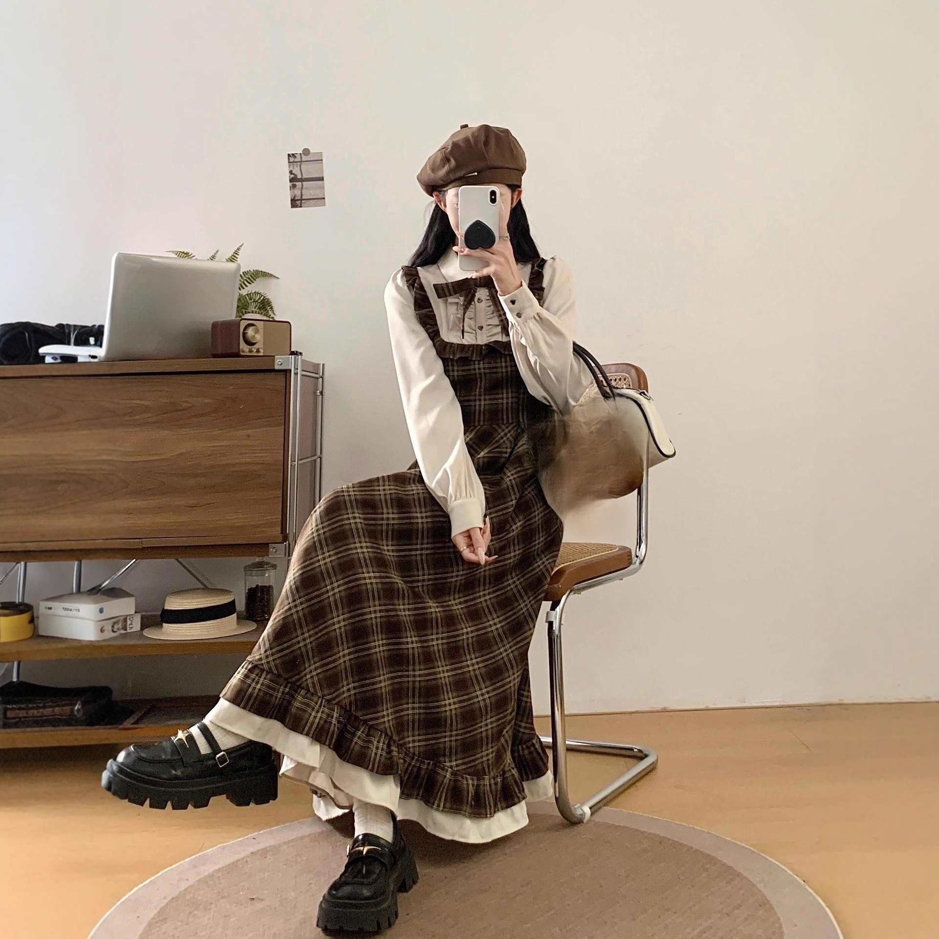 プラスサイズ レディース 秋冬新作 フレンチレトロチェック柄 フェイクツーピースシャツロングドレス