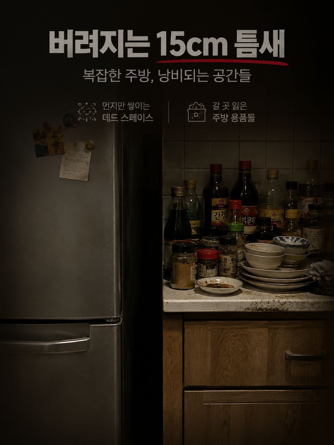 주방 냉장고 틈새 다용도 선반 수납장 전면 이미지