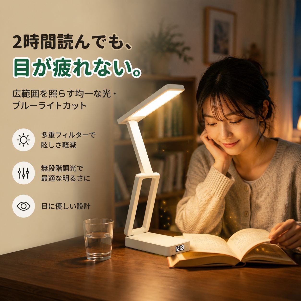 学生用折りたたみLEDデスクライト、寝室ベッドサイド読書学習用ライト