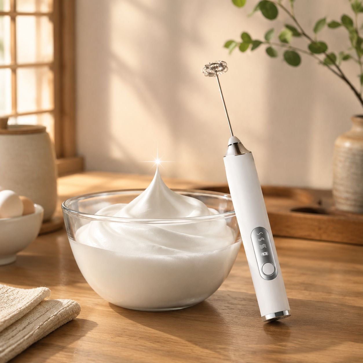 キッチンで使用中の多機能泡立て器