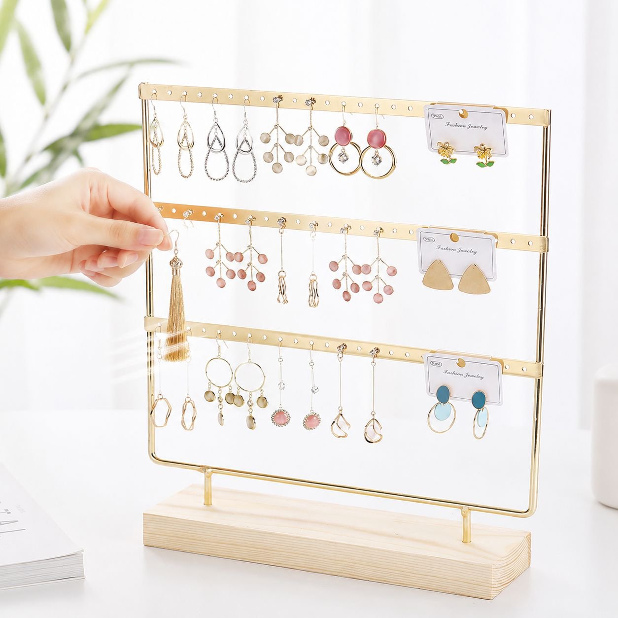 Jewelry display rack, solid wood and wrought iron earring holder, home earring storage, jewelry rack