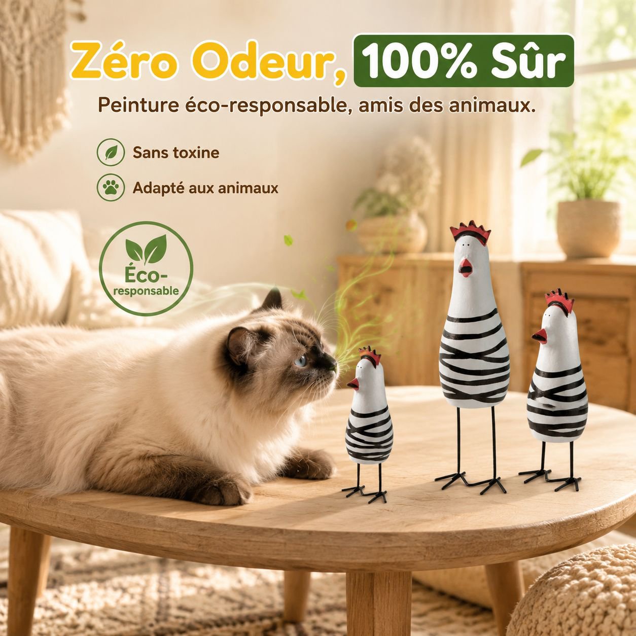 Set de famille coq et poussin sculpté de style européen, 3 pièces en bois, cadeau artisanal