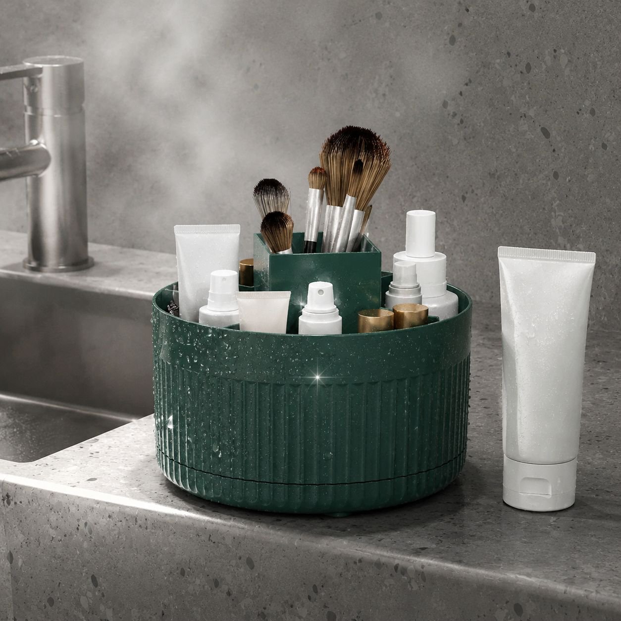 Multi-functional makeup brush holder with rotation feature
