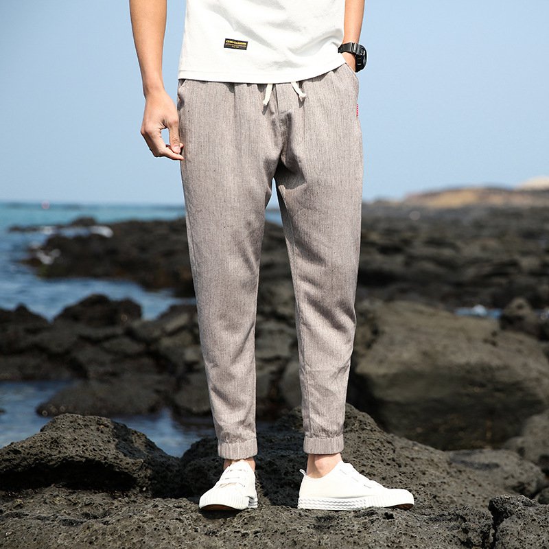 【メンズ綿麻パンツ】シンプル　清涼感たっぷり　コットン　リネン　裾リブ
