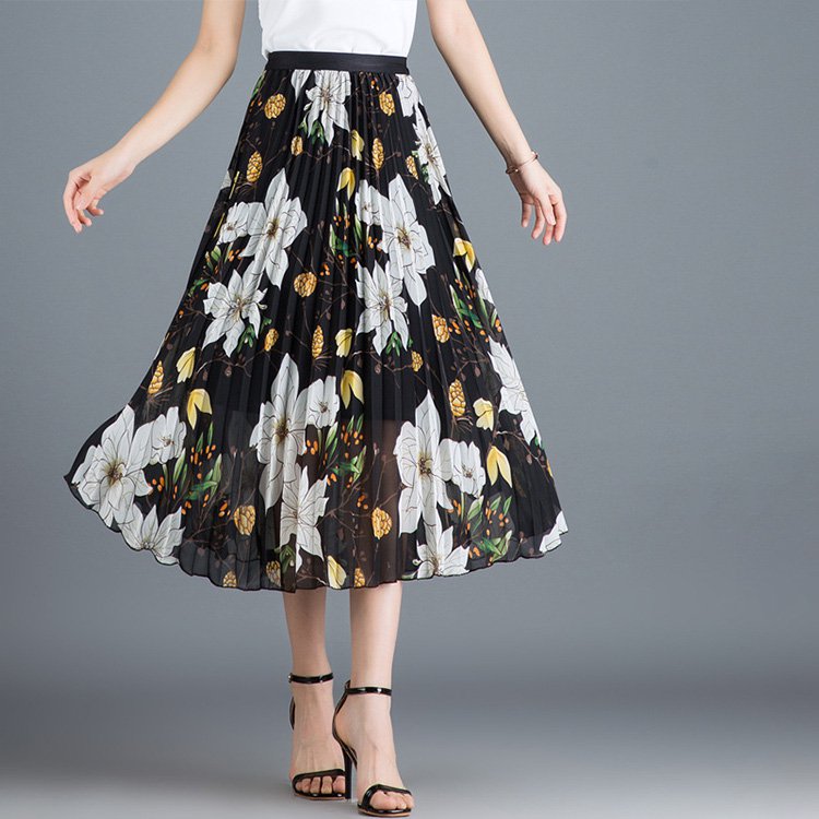 【プリーツスカート】快適な２層設計、大人の花柄、Aライン