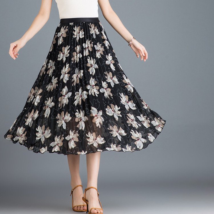 【プリーツスカート】快適な２層設計、大人の花柄、Aライン
