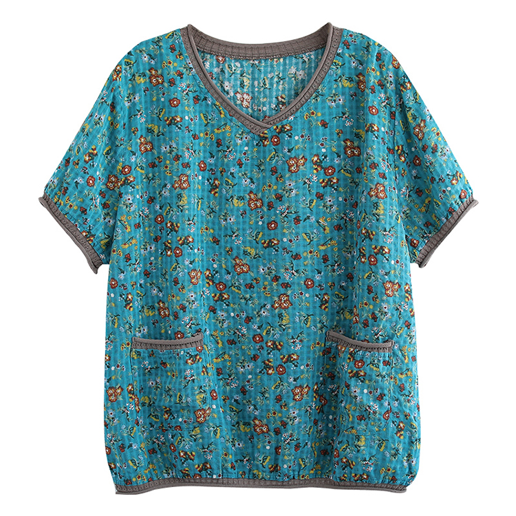 復古V領碎花棉麻上衣