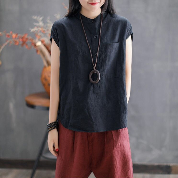 【綿麻ブラウス】天然健康綿麻、お肌にやさしい、通気＆涼しい、洗ってもシワになりにくい