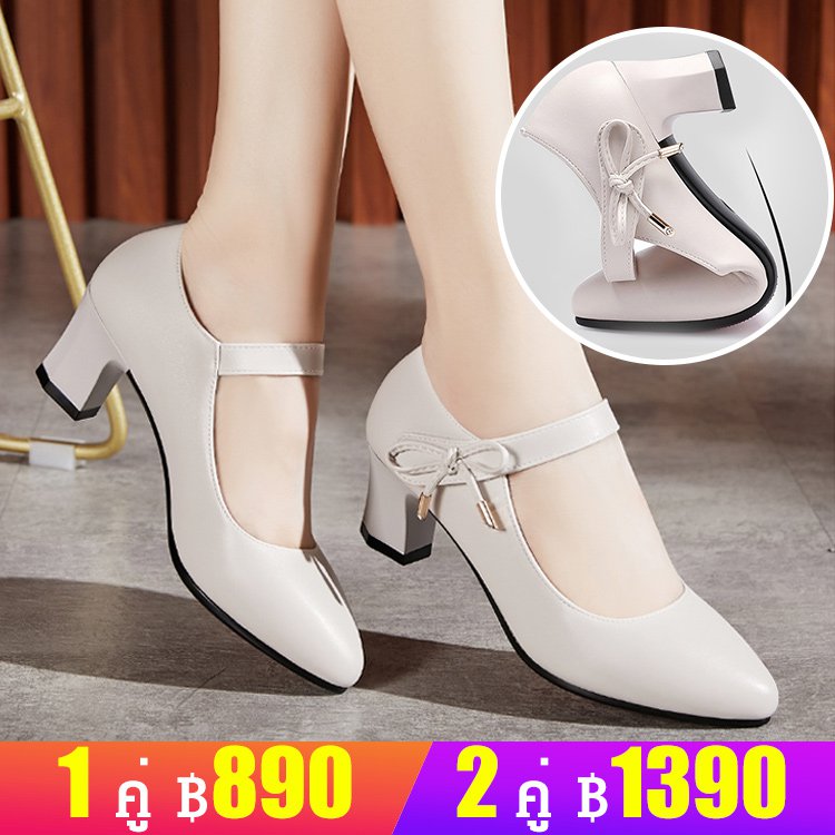 รองเท้าหนังแท้ส้นสูงปานกลาง พร้อมสายรัดหนัง