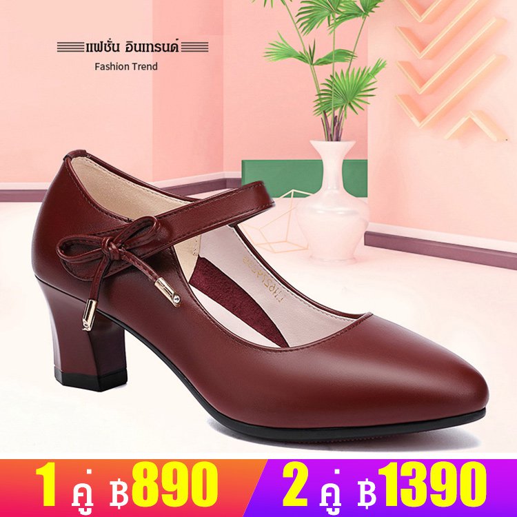 รองเท้าหนังแท้ส้นสูงปานกลาง พร้อมสายรัดหนัง