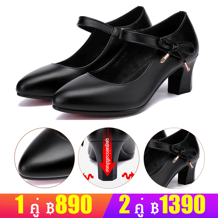 รองเท้าหนังแท้ส้นสูงปานกลาง พร้อมสายรัดหนัง