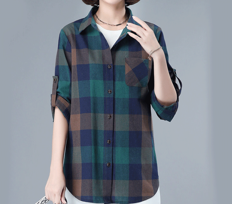 เสื้อเชิ้ตผู้หญิงผ้าสักหลาด 100% พิมพ์ลายสก็อต