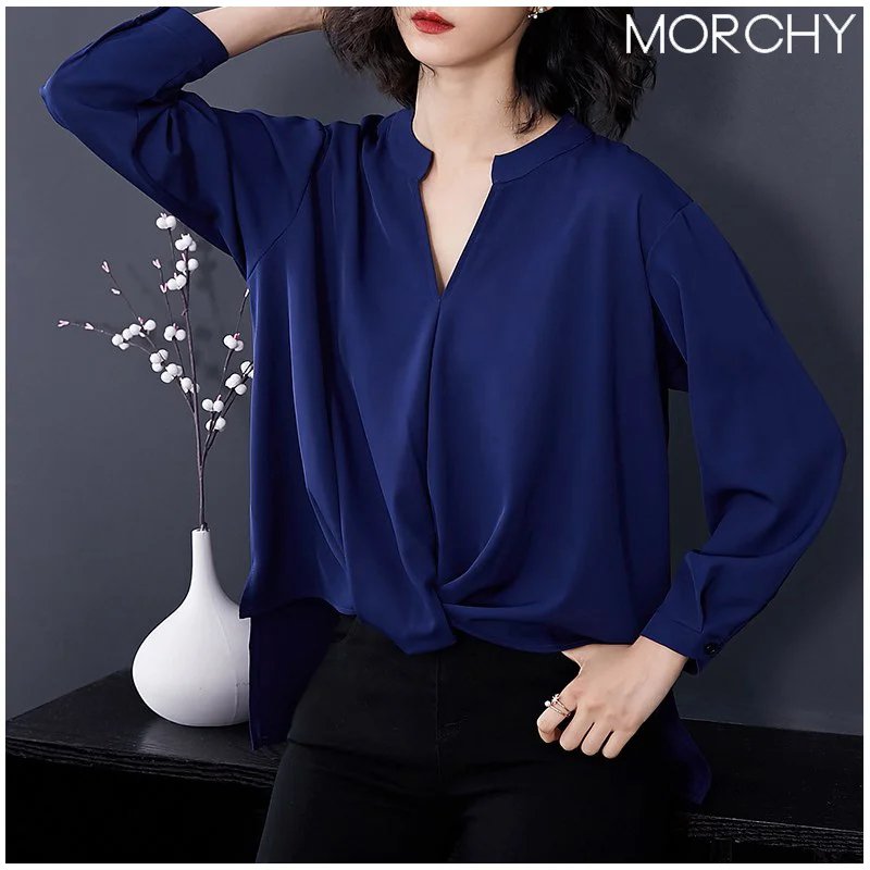 シフォンシャツ トップス 前結び風 ノーカラー 春夏 レディース オン オフ おしゃれ