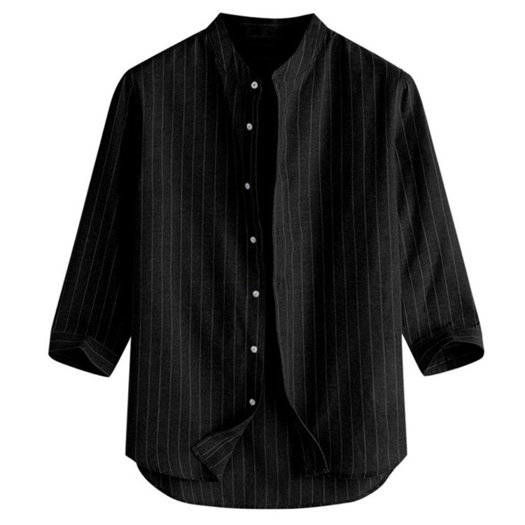 【ストライプリネンシャツ】7分袖　リネン100%　ソフト　通気性　肌ざわり抜群　涼しい