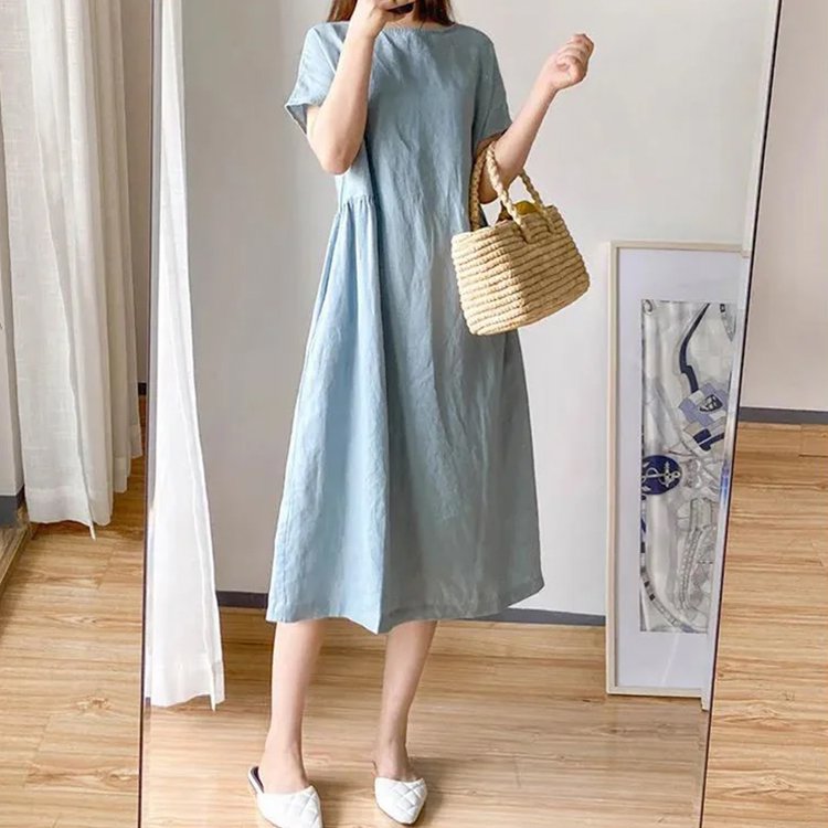 여성 미니멀 루즈핏 면마 원피스