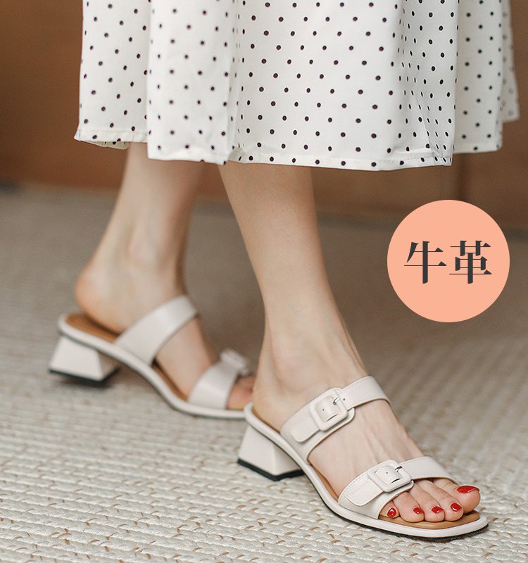 【セパレートストラップサンダル】カーフスキン、チャンキーヒール、脚長効果、靴ズレしない、滑り止め