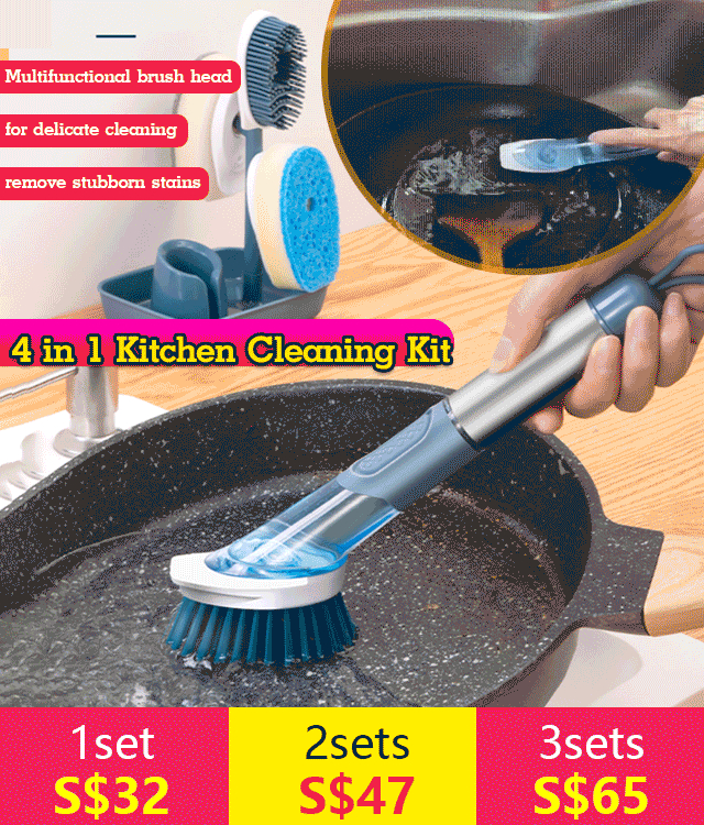 4-in-1 Dispensing Press Automatic Bowl Dish Oil Stain Cleaning Brushes Kitchen Storage Kit 