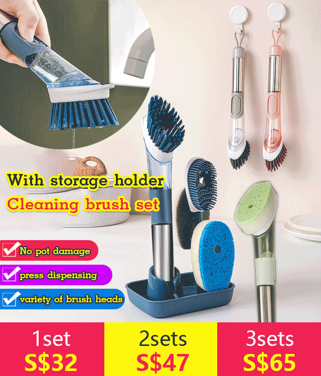 4-in-1 Dispensing Press Automatic Bowl Dish Oil Stain Cleaning Brushes Kitchen Storage Kit 