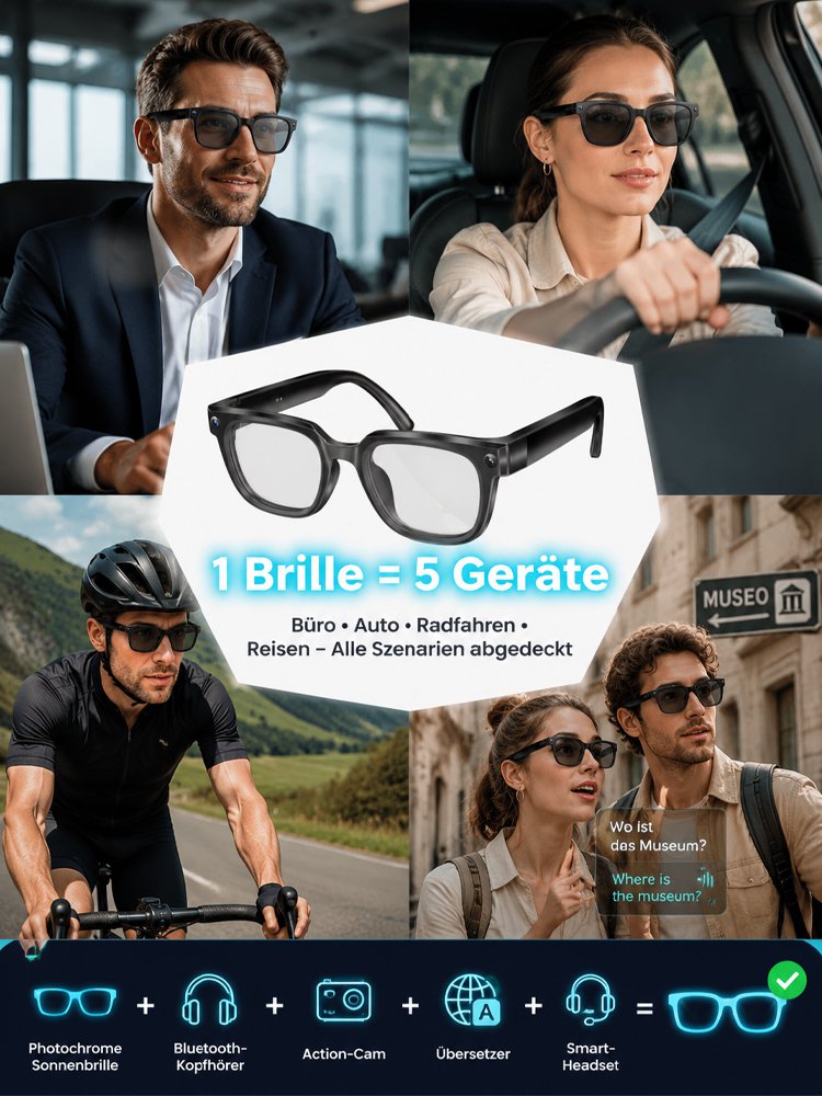 AI Übersetzungs-Smartbrille mit 8MP Kamera, Farbwechsel und Telefonfunktion