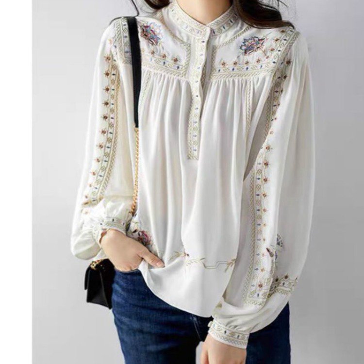 스탠드 칼라 프린트 빈티지 셔츠