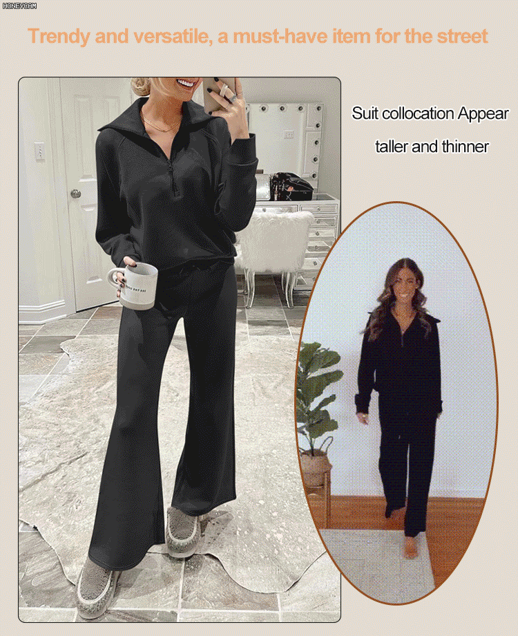 Casual Zipper Long Sleeve Hoodie and Wide Leg Pants Two-Piece Set