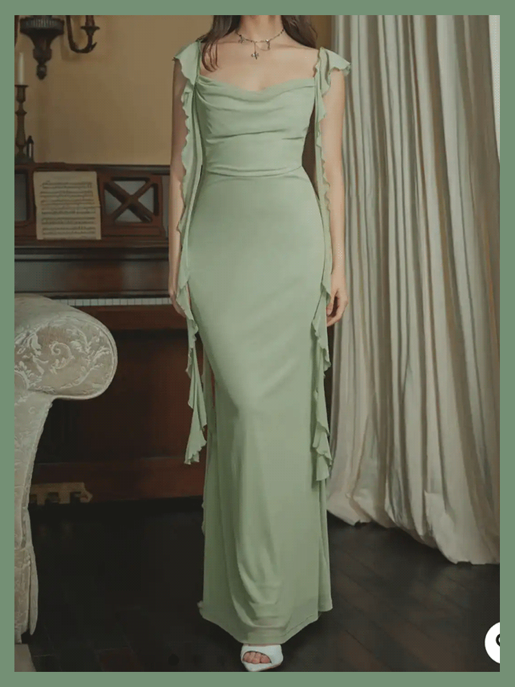 Halter backless ruffled ribbon long dress