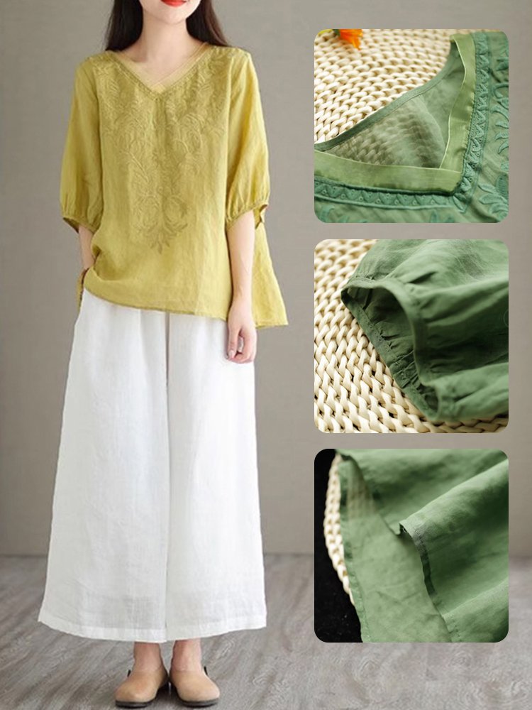 中袖顯瘦遮肉提花棉麻襯衫