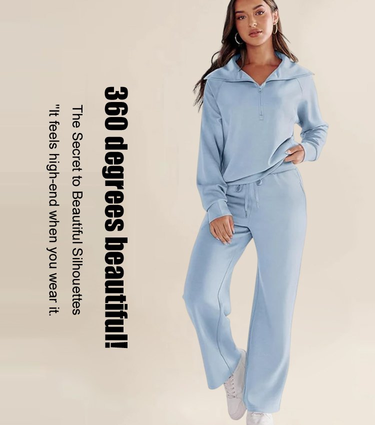 Casual Zipper Long Sleeve Sweatshirt Wide Leg Pants Two Piece Set