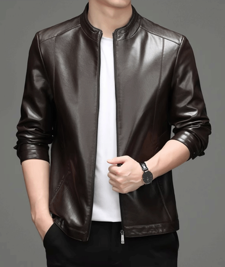 Men's sheepskin stand collar leather jacket