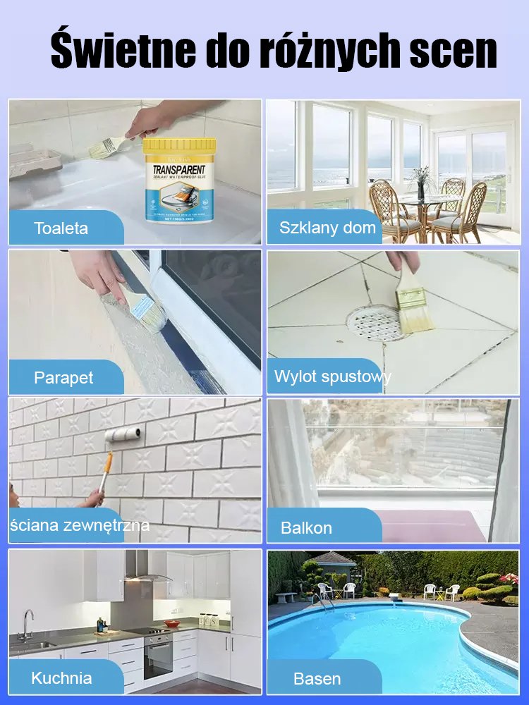Przezroczysty, niewidoczny, odporny na przeciekanie wodoodporny klej