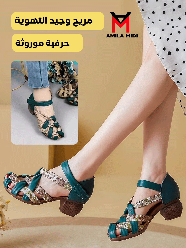 صندل كاجوال جديد بكعب عال وسطح ناعم من الجلد الأصلي