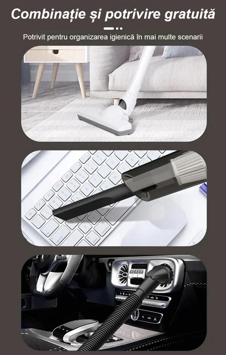 Aspirator de mână fără fir cu funcție de aspirare și ștergere.