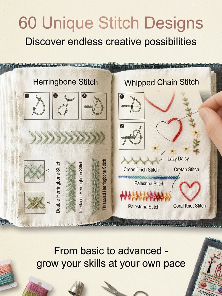 Embroidery DIY Stitching Guide Book (with Sewing Tool Kit)