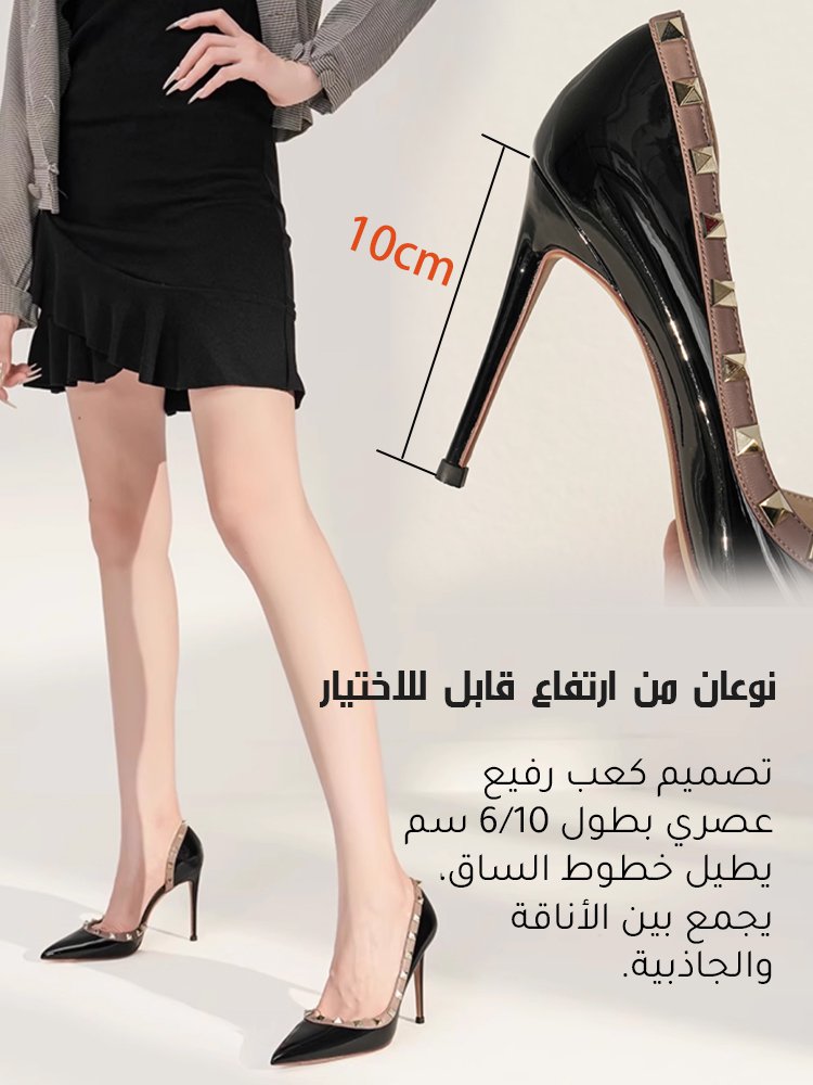 حذاء كلاسيكي راقي بكعب عالي مزين بحلي معدنية من جلد لامع (أول الحذاء بالكعب العالي للفتاة )