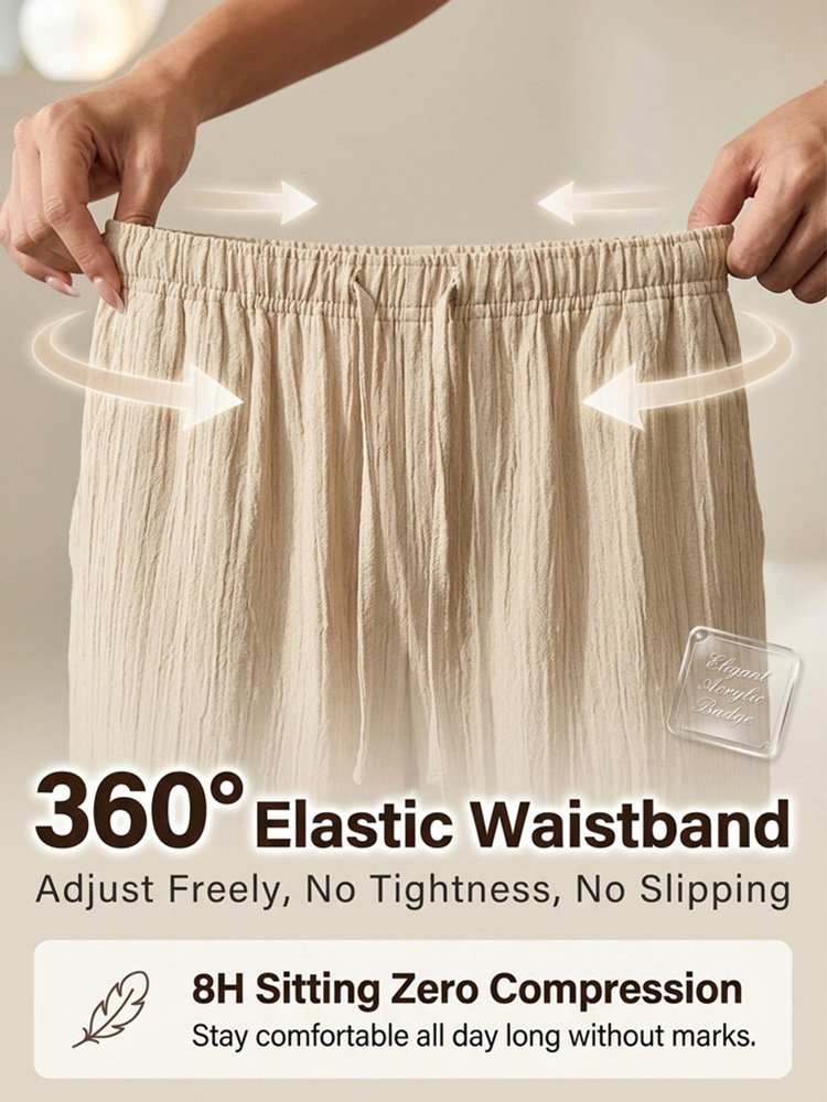 High-waisted drawstring pocket linen casual pants
