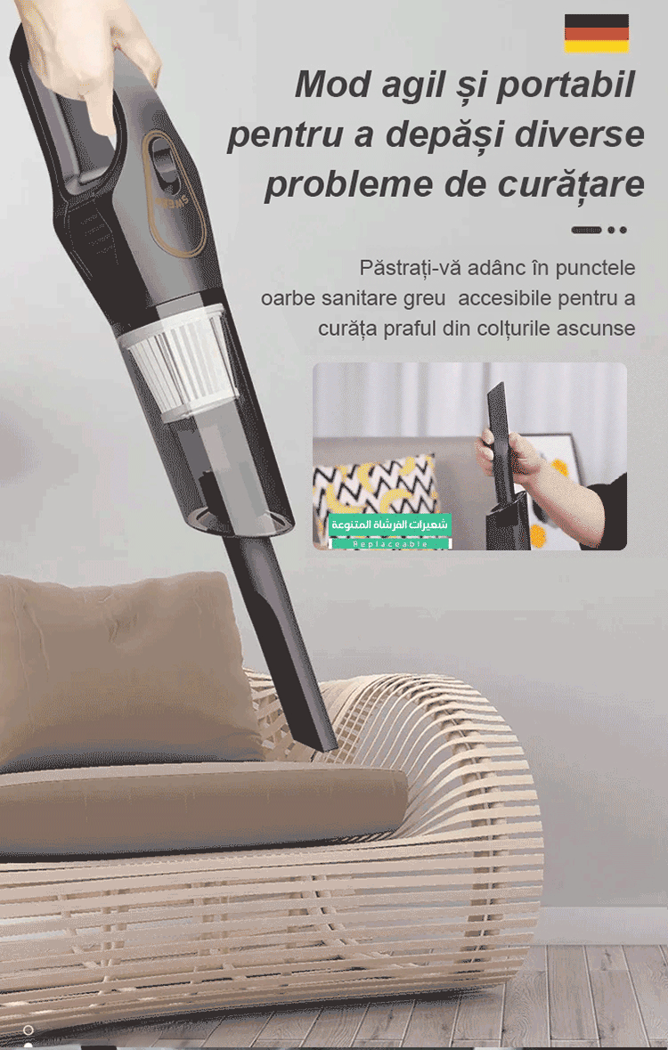 Aspirator de mână fără fir cu funcție de aspirare și ștergere.