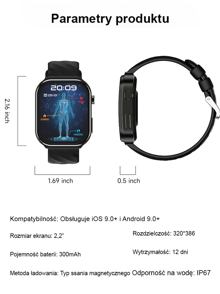 【Nieinwazyjny pomiar poziomu glukozy we krwi】Inteligentny zegarek monitorujący ciśnienie krwi, pozio