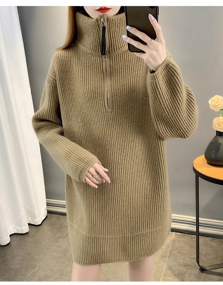 レディース厚手セーターのフロントジッパーデザイン