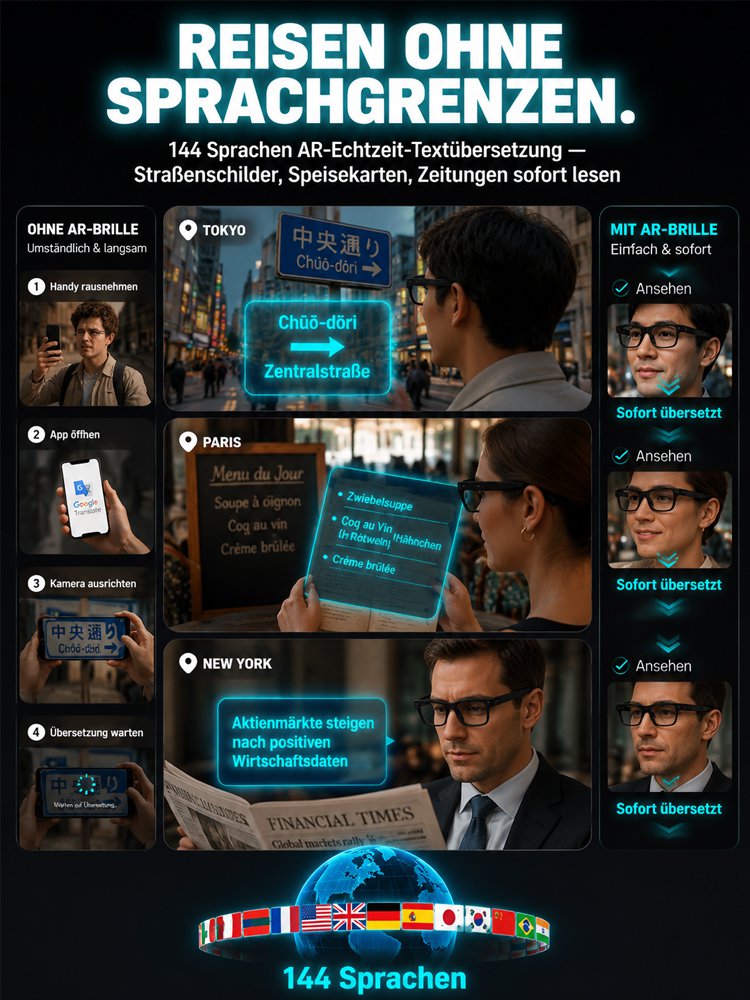 AI Übersetzungs-Smartbrille mit 8MP Kamera, Farbwechsel und Telefonfunktion