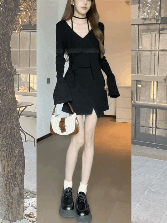 Vネック長袖ロングカシミヤニットワンピース