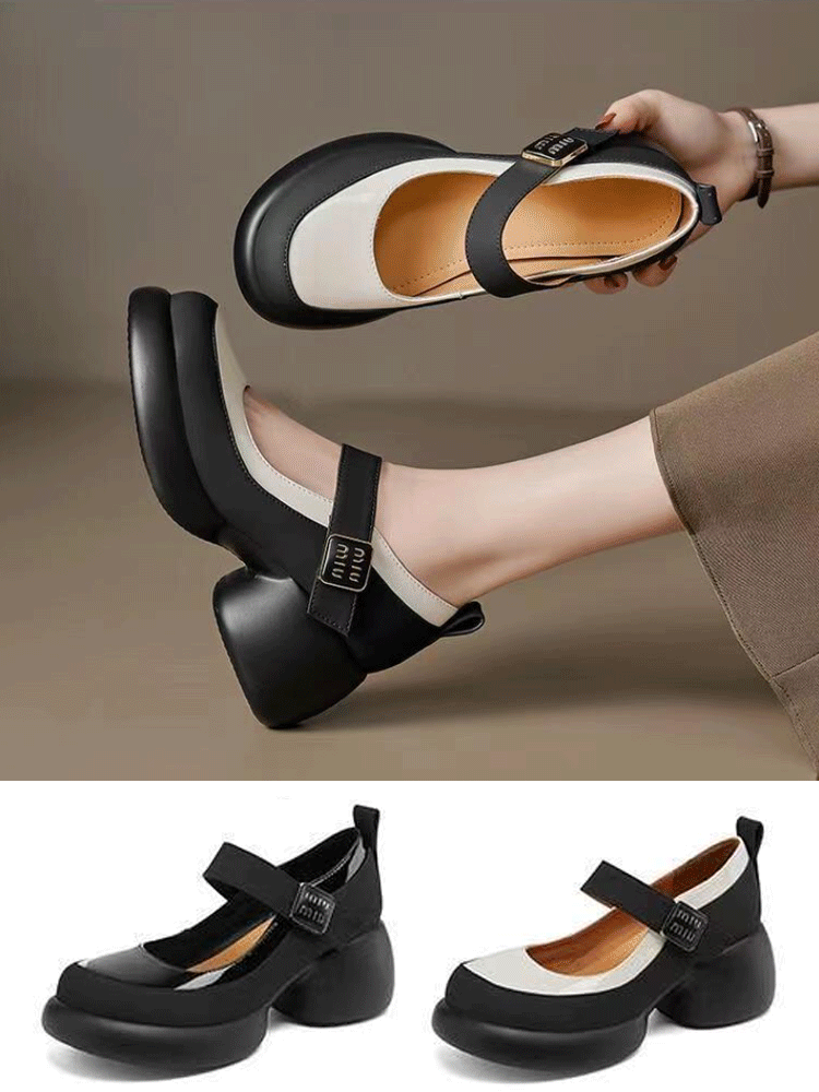 حذاء جلدي نسائي عصري بكعب مربع وألوان متباينة