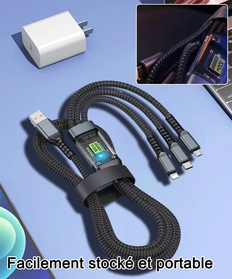 Câble de données 3-en-1 à charge super rapide et lumineux transparent