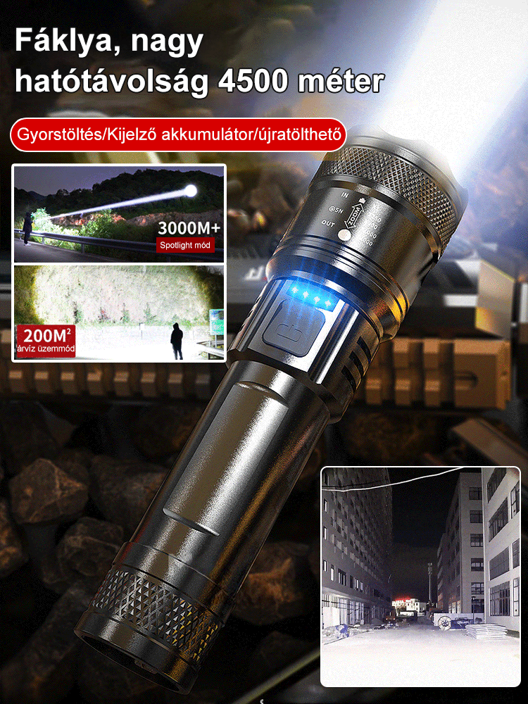 Erős LED-es, állítható fényszóróval ellátott kültéri zseblámpa.
